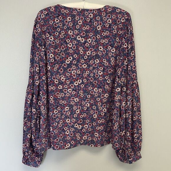 CeCe XL Blue Pink Fuchsia Ruffle V-Neck Neck Long Sleeve Floral Blouse - Picture 2 of 9